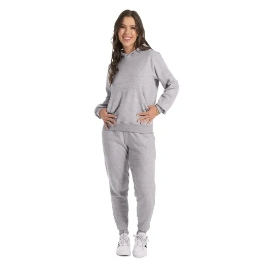 Conjunto Moletom Feminino com Capuz Cinza Mescla