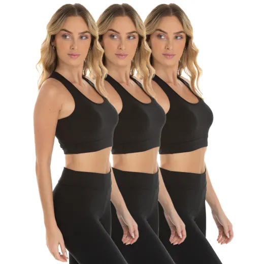 Kit 3 Tops Nadador Fitness Feminino Preto