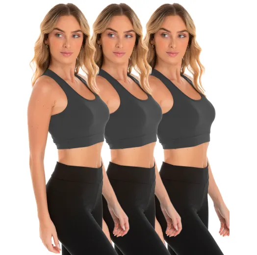 Kit 3 Tops Nadador Fitness Feminino Cinza Chumbo